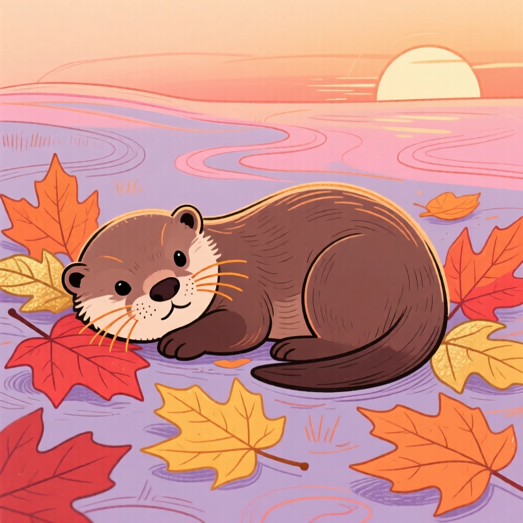A baby otter resting among autumn leaves at sunset.