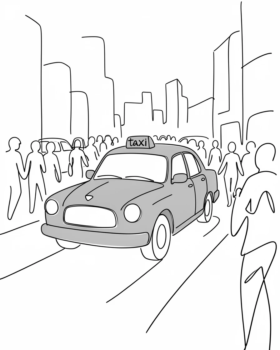 A classic yellow taxi cab driving through a crowded city street