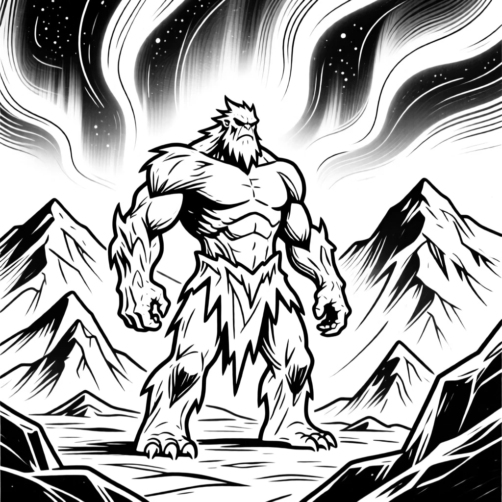 A frost giant standing among icy mountain peaks under the northern lights.