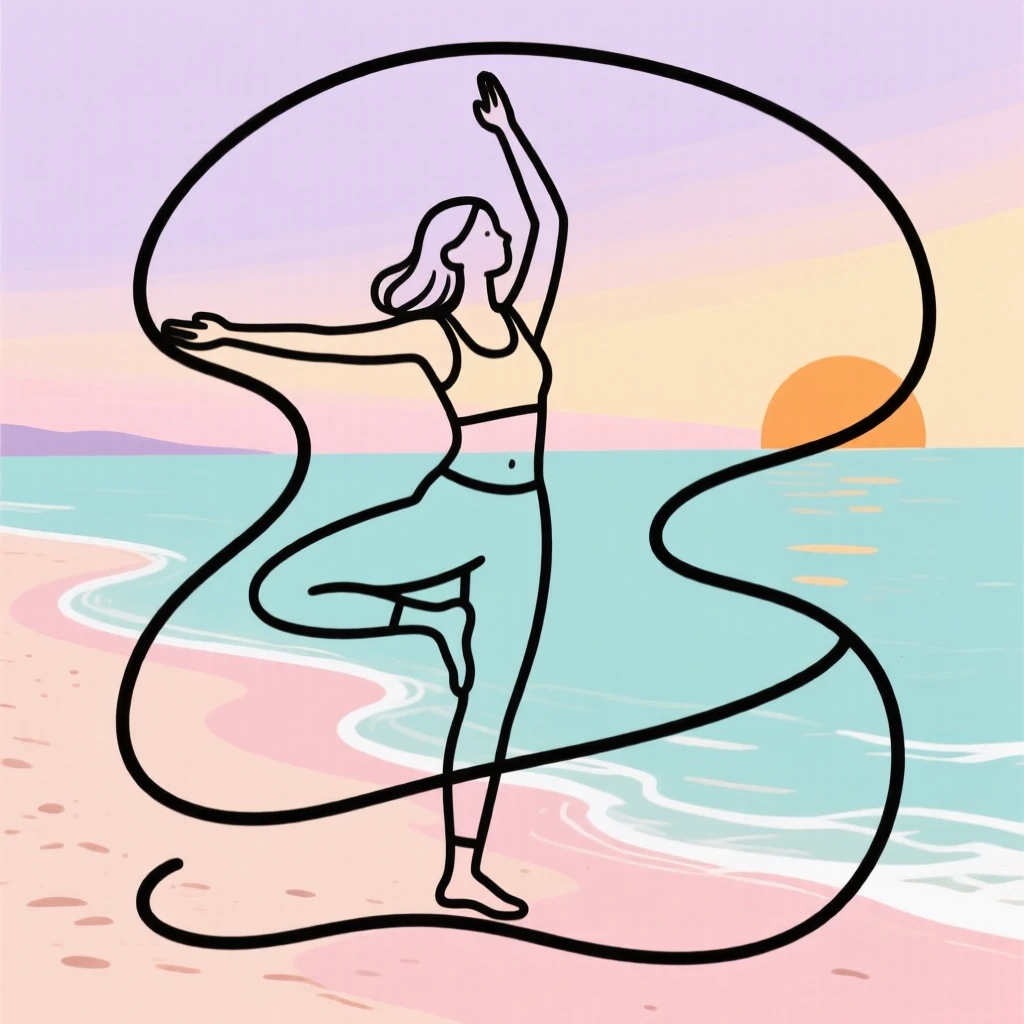 A young woman practicing yoga on a peaceful beach at sunrise.