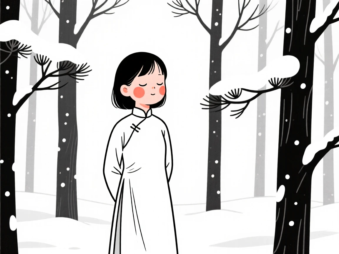 A seven-year-old girl of Korean heritage wearing a Vietnamese ao dai, looking serene and at peace, in a snow-covered pine forest.