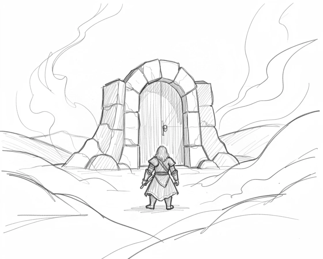 A magical, imaginative vision of a warrior standing before an ancient stone gate in a valley bathed in otherworldly light, with mist curling like living smoke.