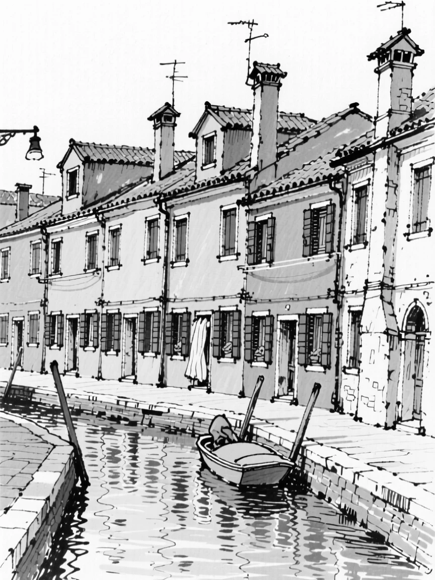 The colorful rooftops of Burano with tiny reflections in a quiet canal.