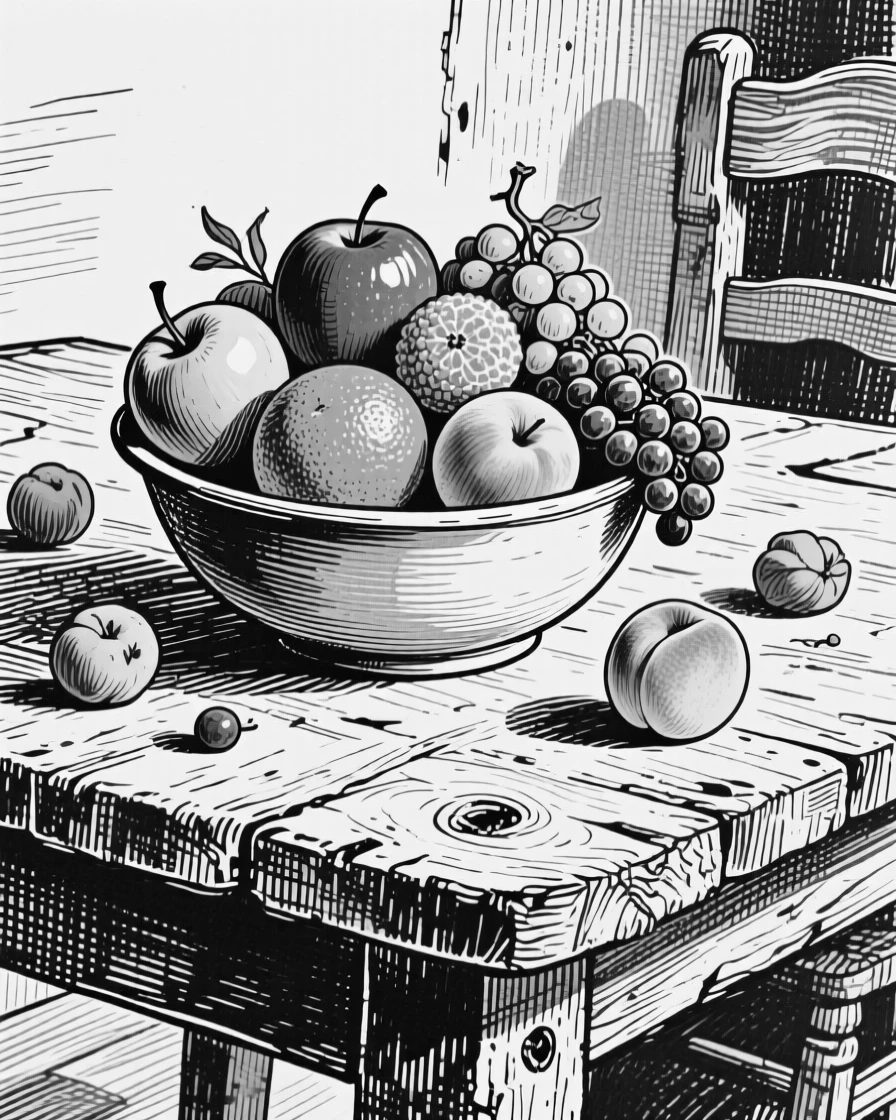 A bowl of ripe seasonal fruit set on a farmhouse table, with the rich texture of the crust visible in detail, presented in a cheerful and abundant culinary still life.
