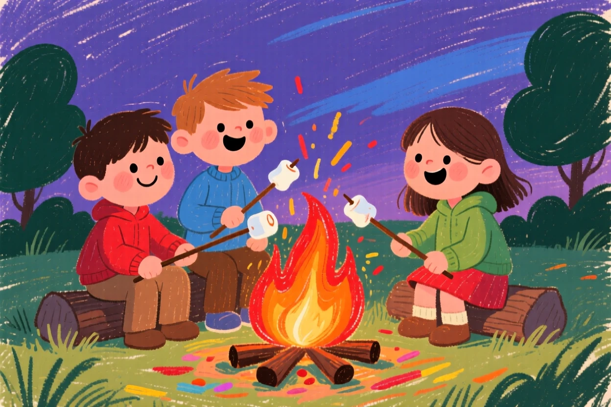 A group of young siblings roasting marshmallows over a glowing campfire.