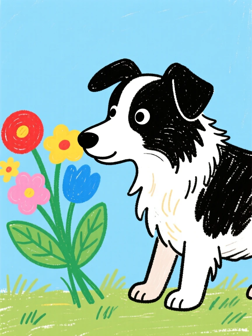 A loyal border collie sniffing a bouquet of fresh flowers.