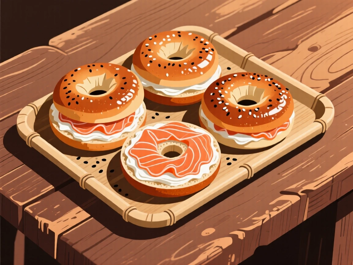 A tray of fresh baked bagels with cream cheese and lox, set on a rustic wooden table, shown from a slight angle to highlight layers, with glossy highlights that make the dish look freshly made.