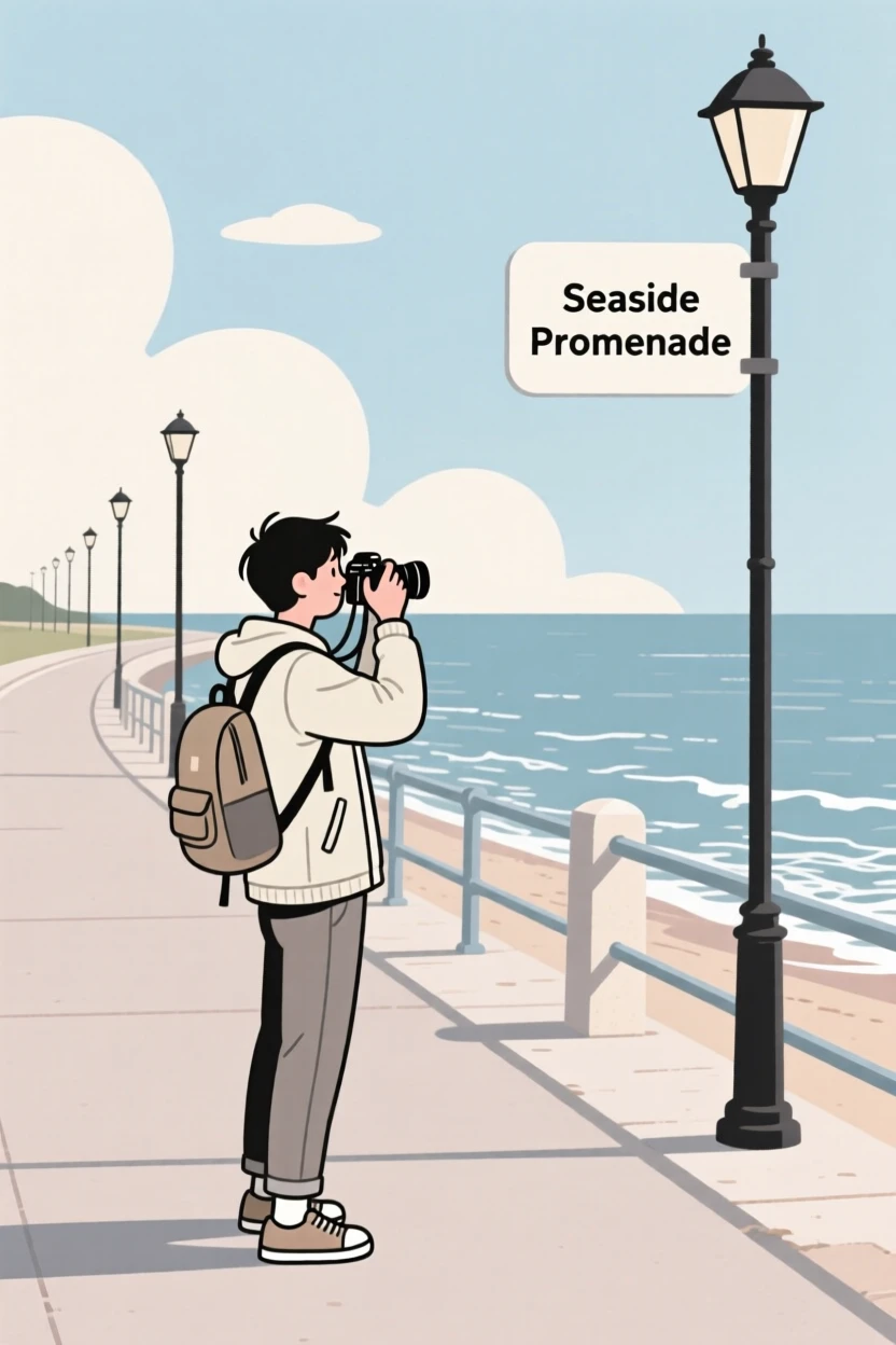 A traveler taking photos near a seaside promenade.