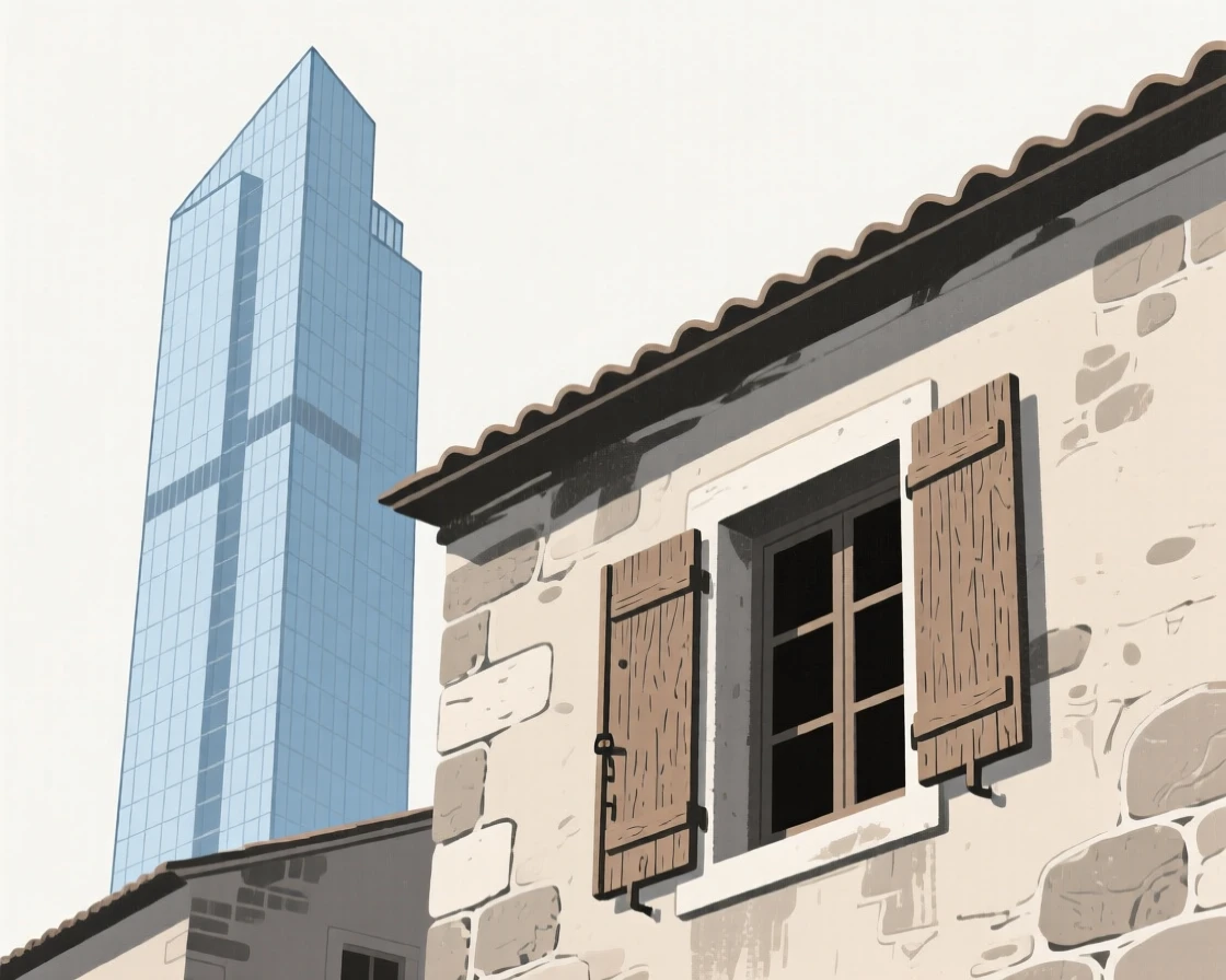 A quiet corner of a modern skyscraper within a historic old town, featuring weathered wooden shutters, full of modern clarity.