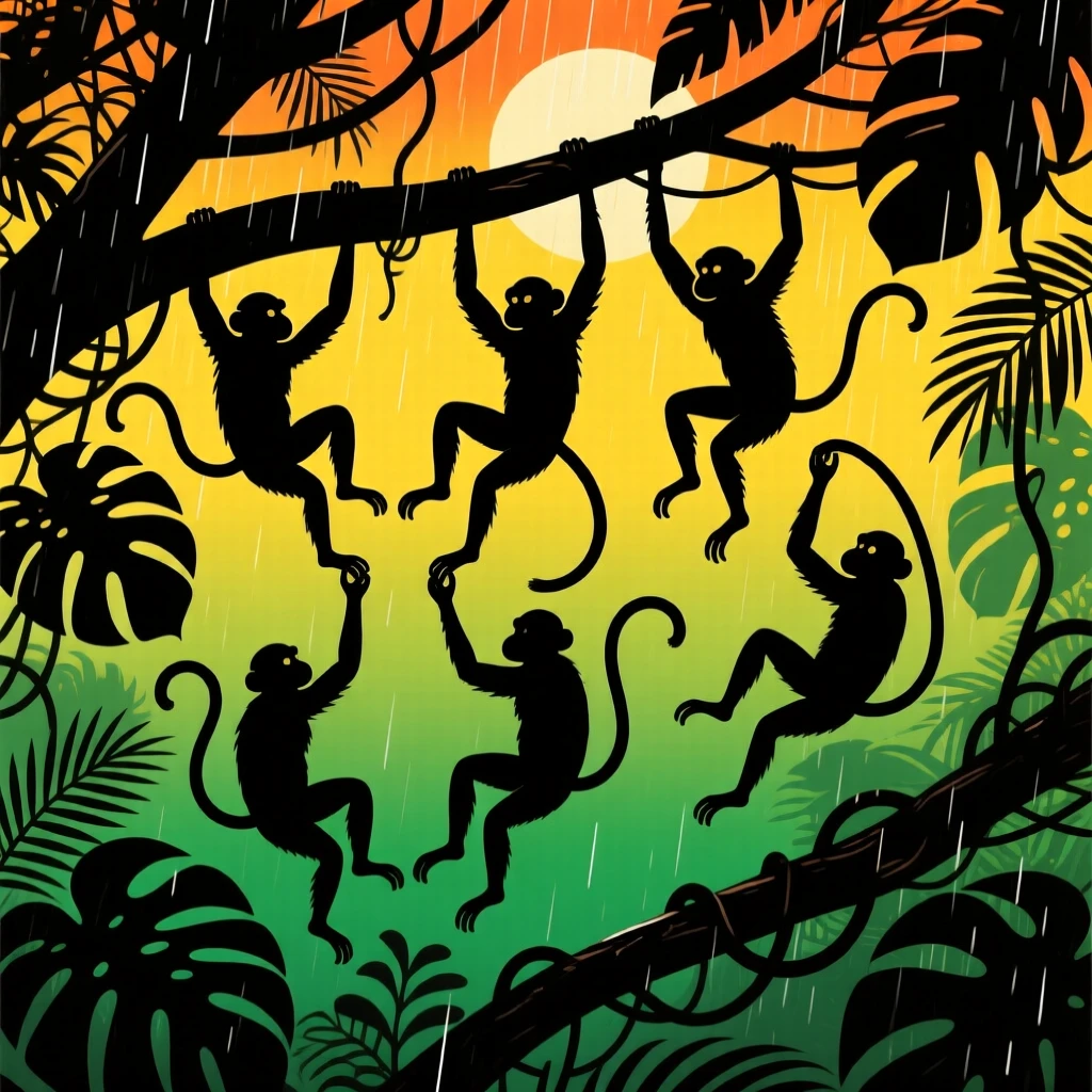 A troop of monkeys swinging through a dense rainforest canopy.
