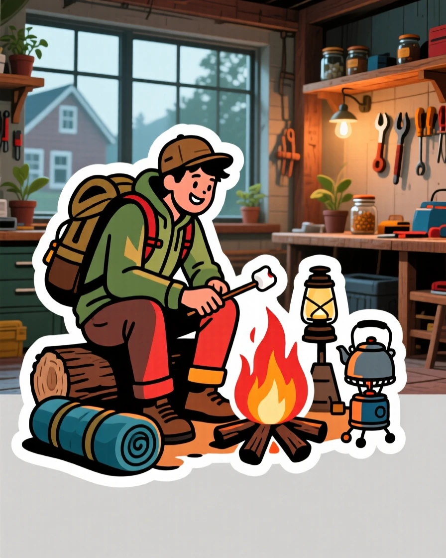 An intensely focused camper roasting marshmallows over a fire, surrounded by their favorite gear, at a cozy neighborhood workshop.