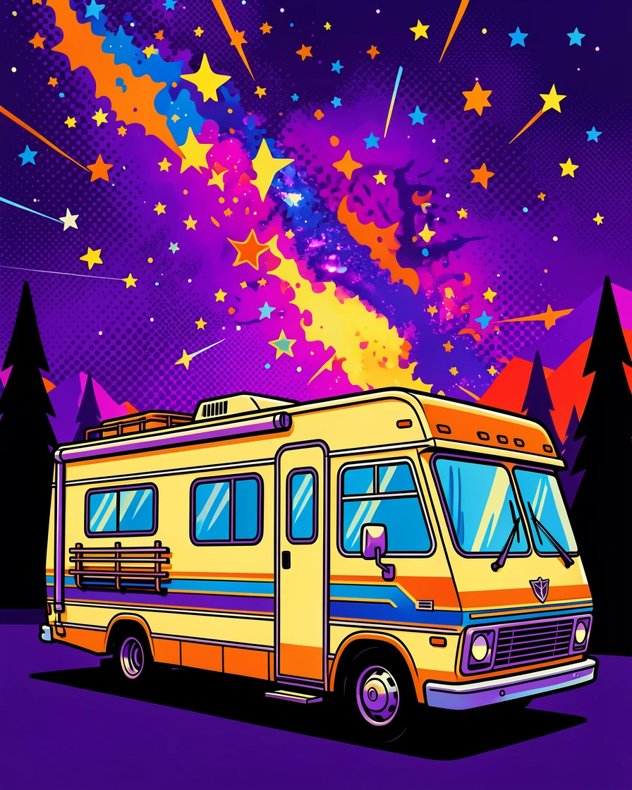An RV parked beneath a sky lit with the Milky Way