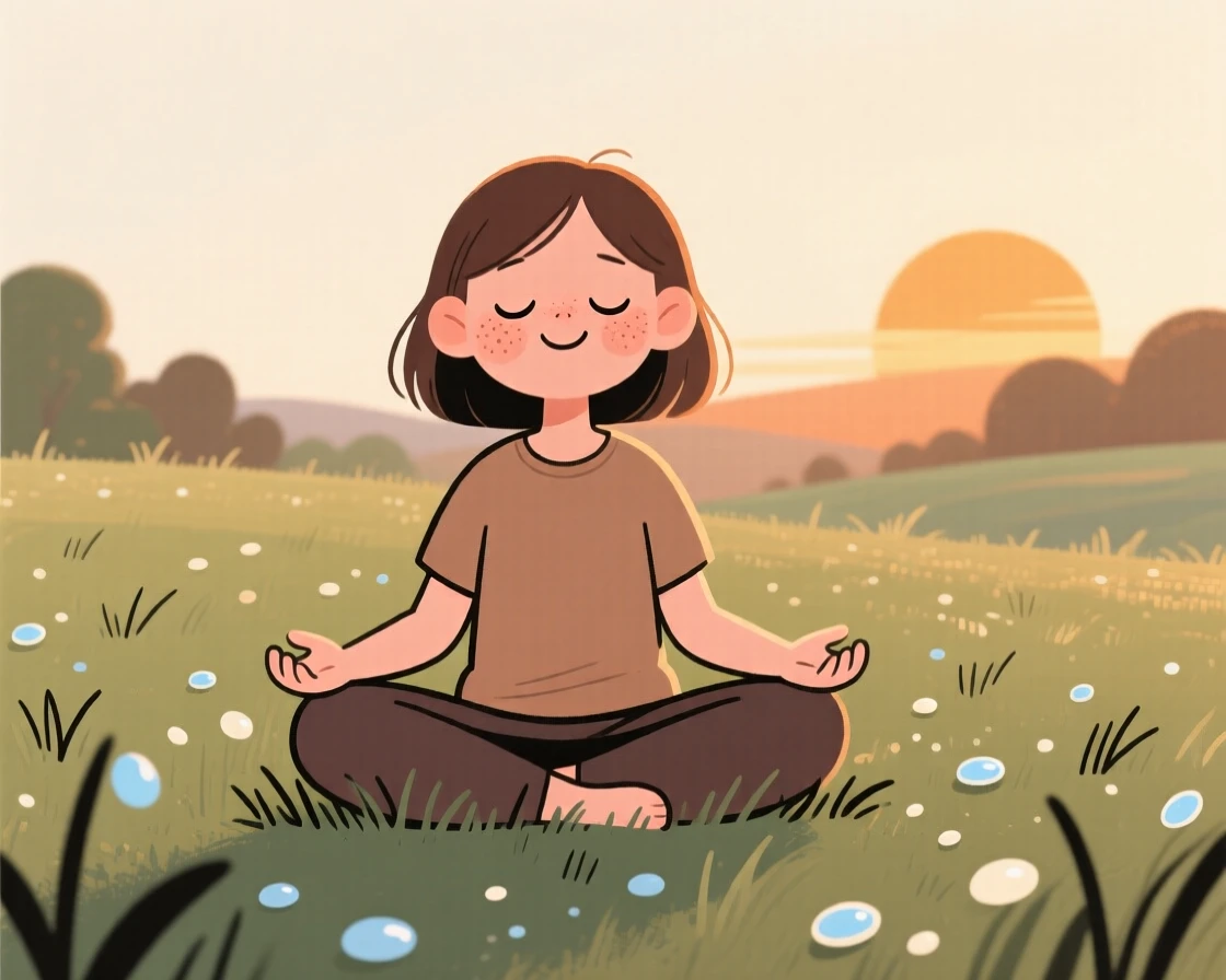A young woman practices slow breathing exercises on a dew-covered lawn at sunrise, breathing slowly as rustling grass surrounds them.