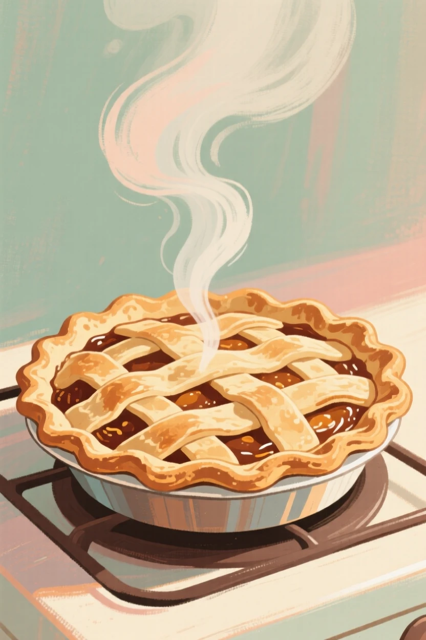 A rustic pie fresh from the oven with steam rising from its lattice crust