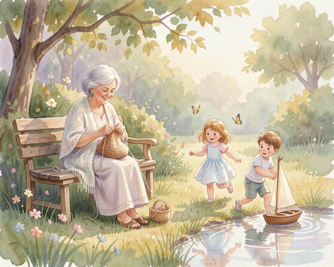 A grandmother knitting while her grandchildren play nearby with a gentle breeze and soft afternoon light.