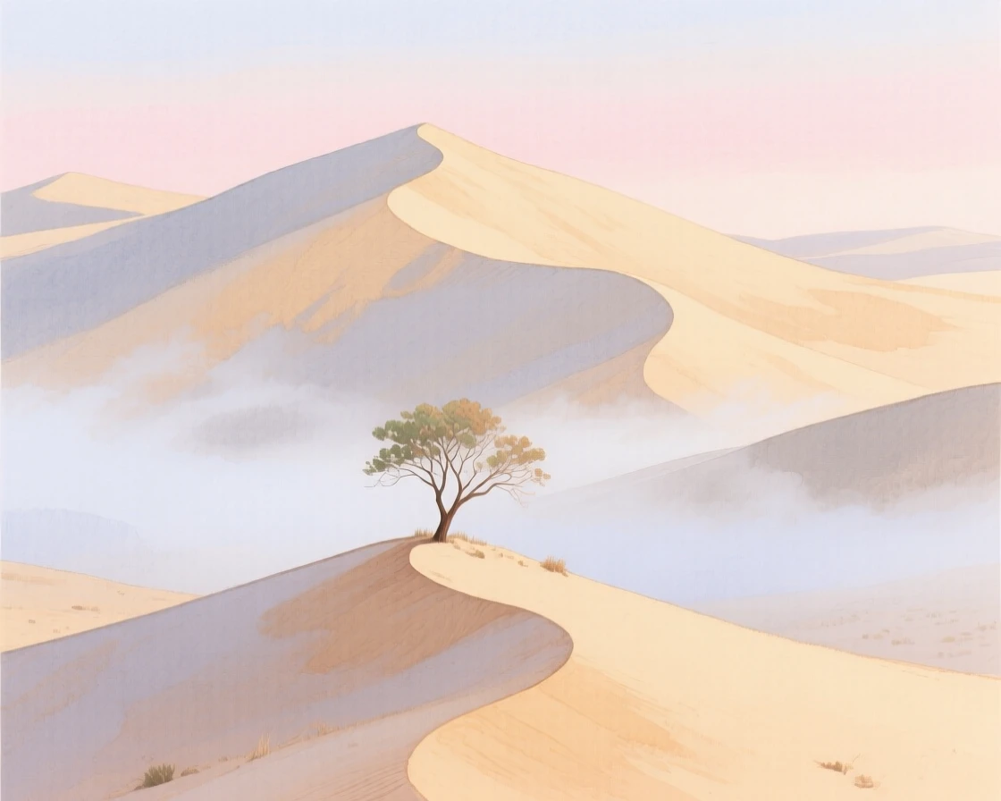 A breathtaking view of a desert of towering dunes as morning mist rolls through, where a lone tree stands on a ridge