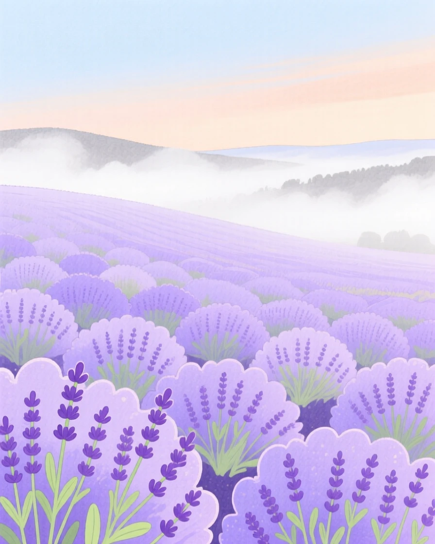 A sweeping view of a field of lavender stretching to the horizon under a soft blanket of fog.