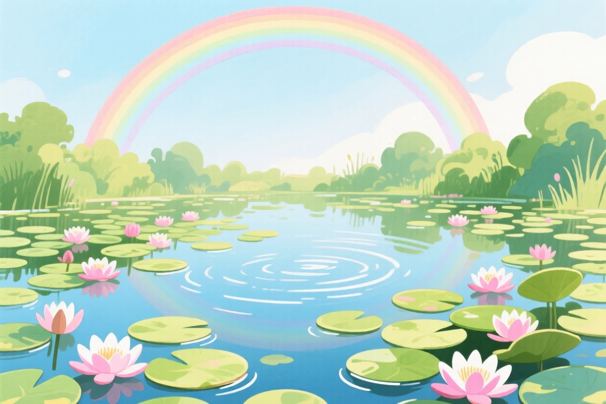 A quiet pond covered in blooming lily pads, with a rainbow arching softly overhead, radiating natural splendor and tranquility.