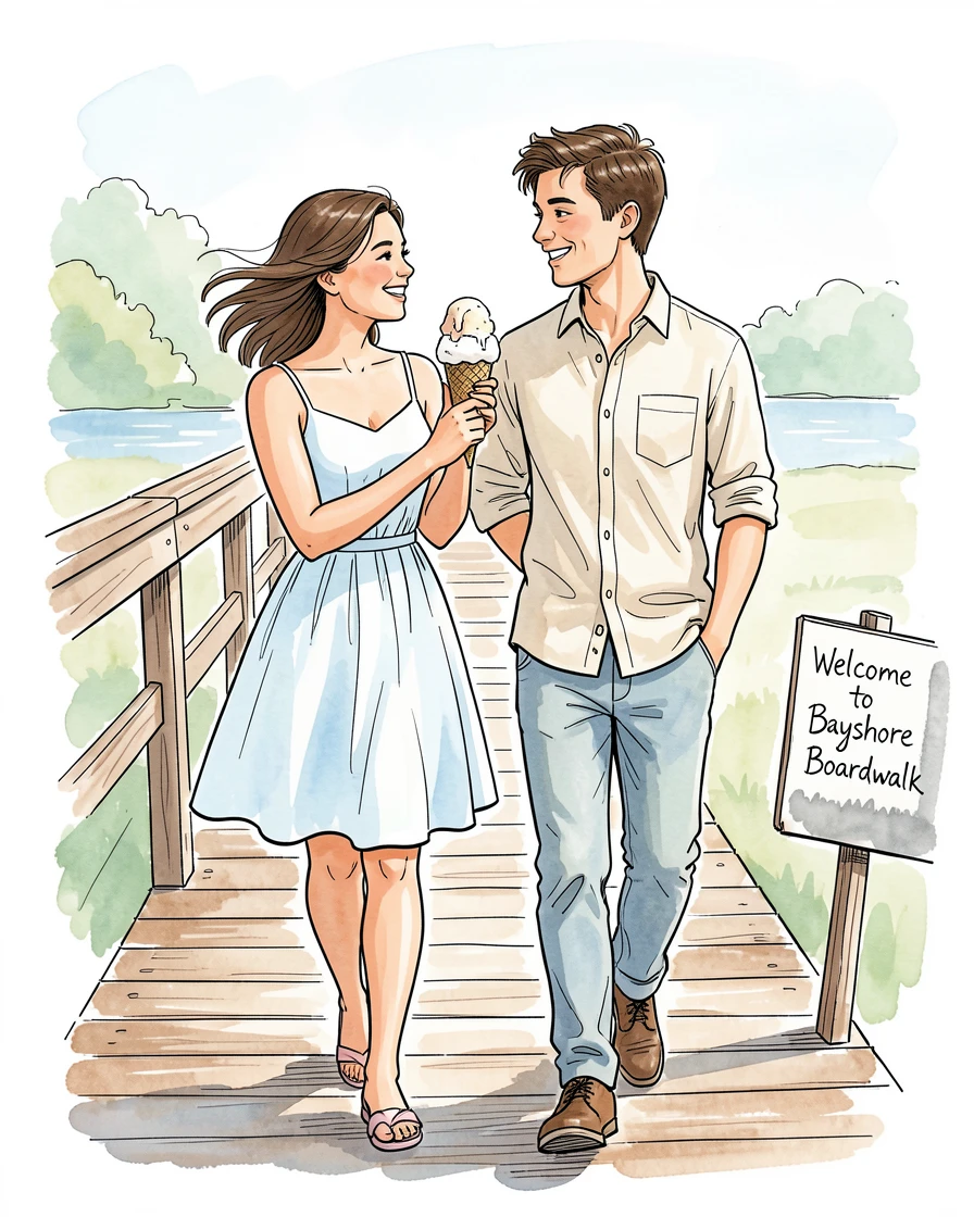 A couple sharing an ice cream cone while strolling along a boardwalk, a warm and unhurried mood settling over the moment.