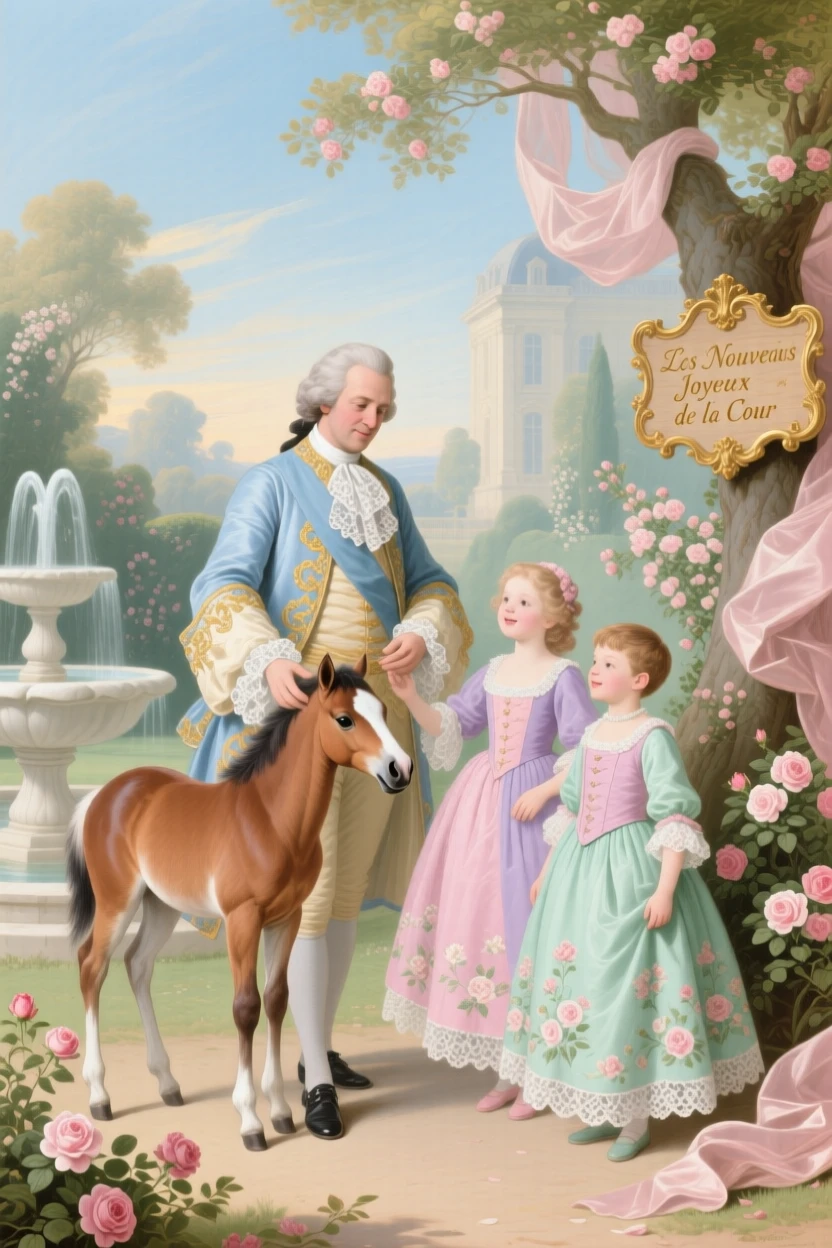 A king presenting a new foal to his delighted children  