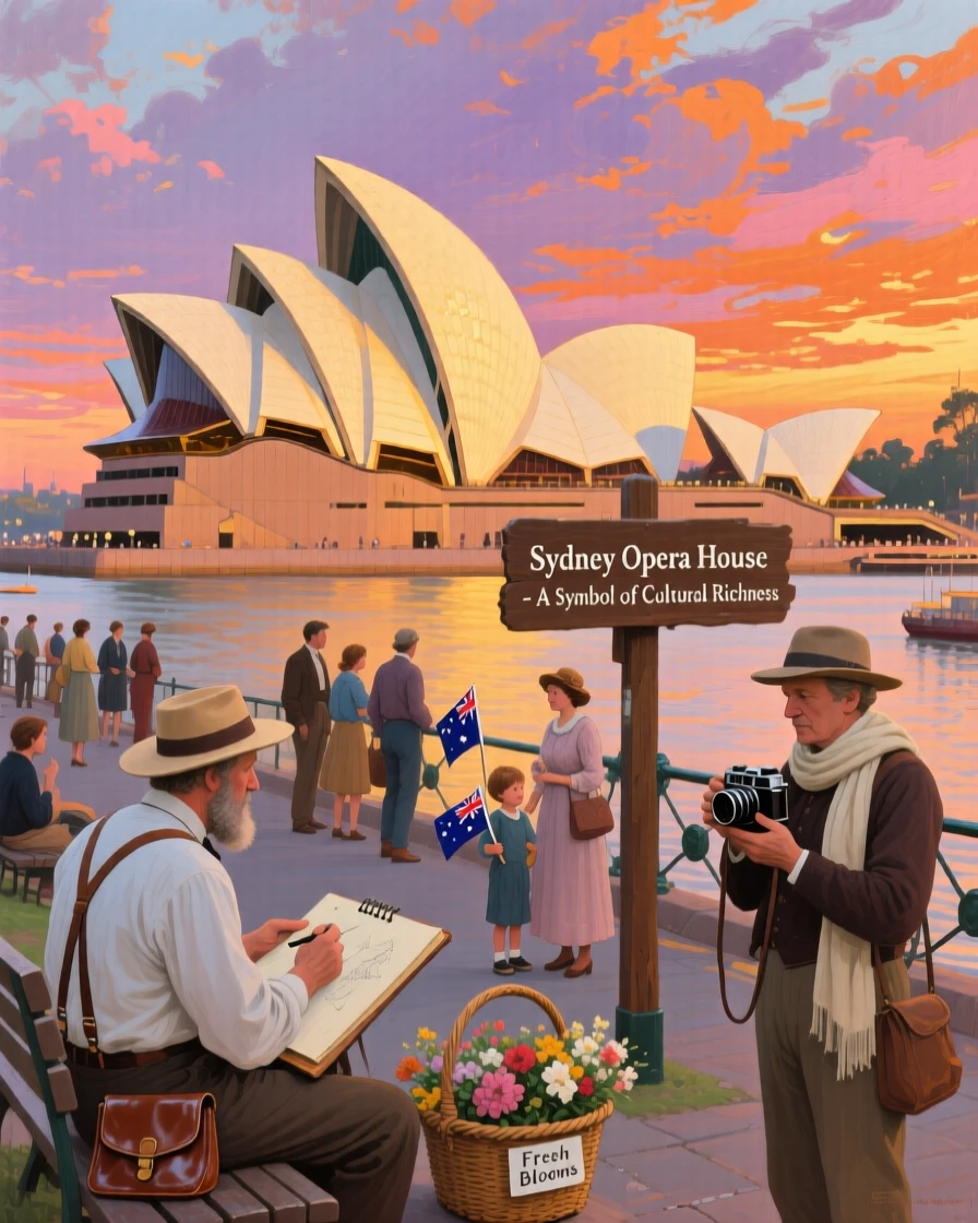 The Sydney Opera House glowing against a vivid harbor sunset, with locals and travelers adding life and scale to the scene, celebrating the architectural wonder and cultural richness of the location