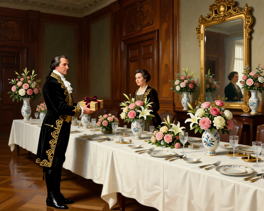 An ambassador presenting a gift at a lavish state reception during a rare and cherished family gathering, set in an opulent dining hall set with silver and crystal, with fresh flowers arranged in porcelain vases throughout the room; a mirror in the background subtly doubles the scene's elegance, evoking refinement, tradition, and quiet opulence.