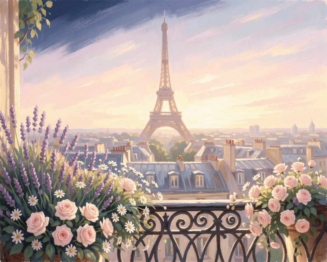 The Eiffel Tower rising above a sea of Parisian rooftops at golden hour, seen from a flower-filled balcony, as the first light of dawn breaks, inspiring awe at the beauty of the scene.