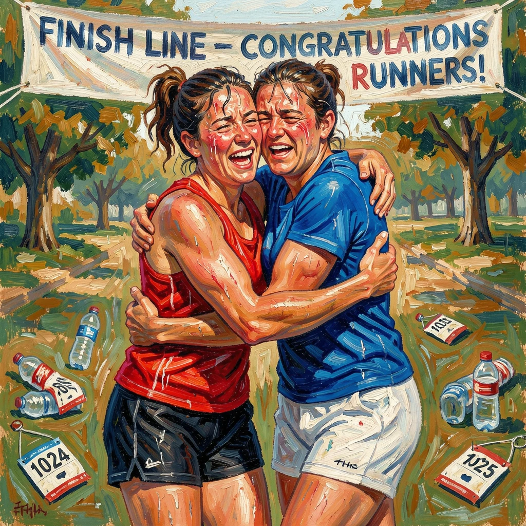 Two friends embracing after finishing a marathon together, exhausted and triumphant.
