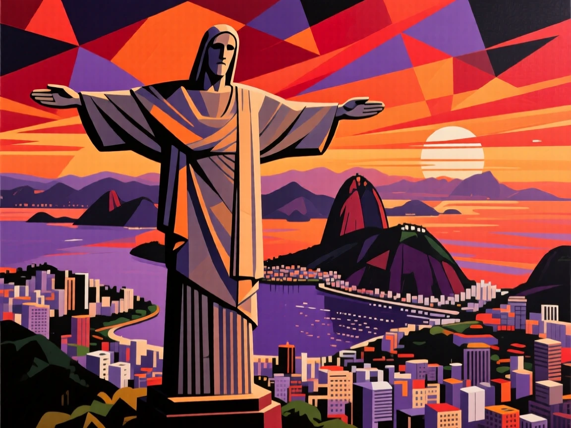 Christ the Redeemer overlooking Rio de Janeiro under a dramatic sunset sky.