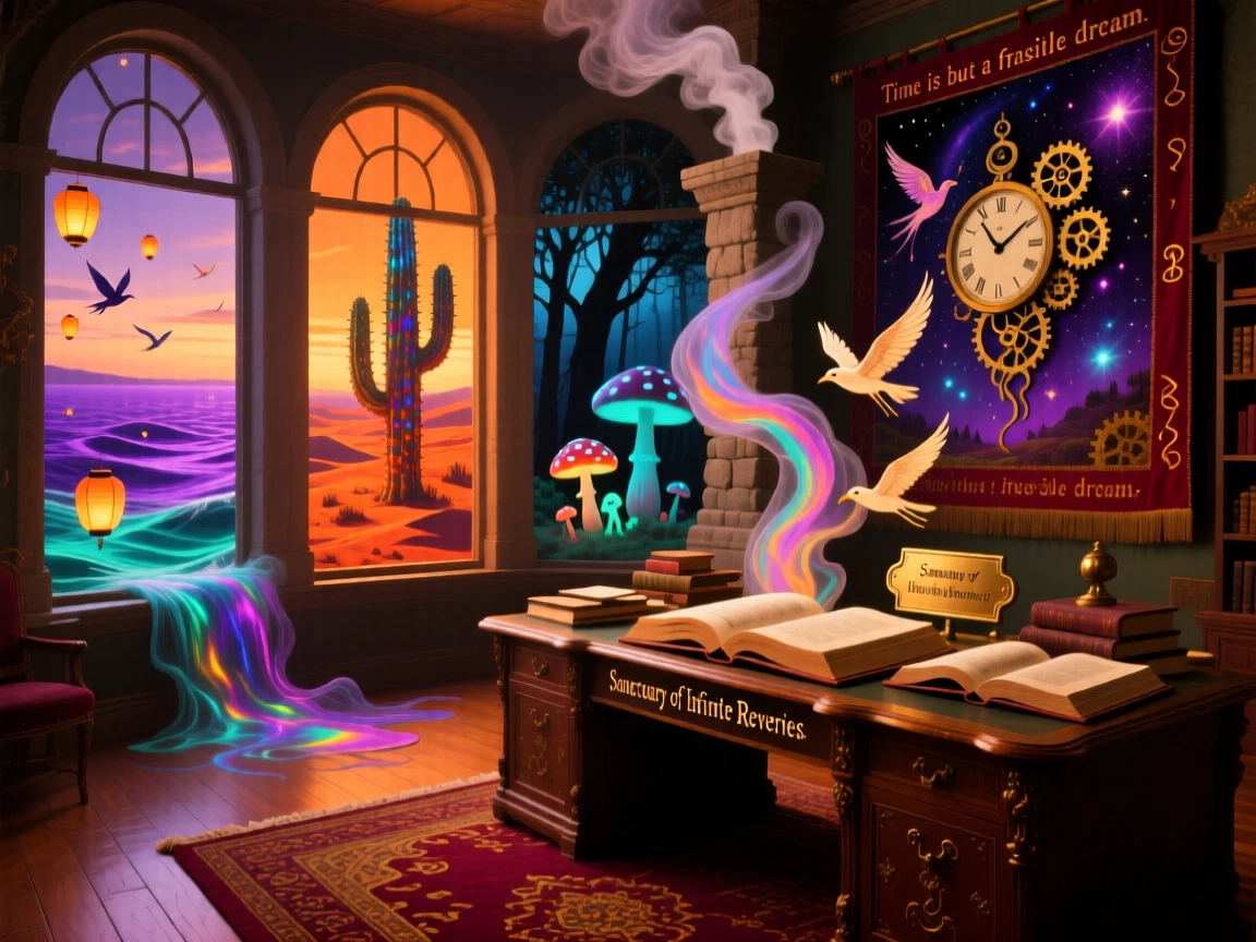 A study room lined with windows opening onto different worlds glows warmly beneath a soft evening sky, while smoke curls gently from a chimney into shapes of birds.