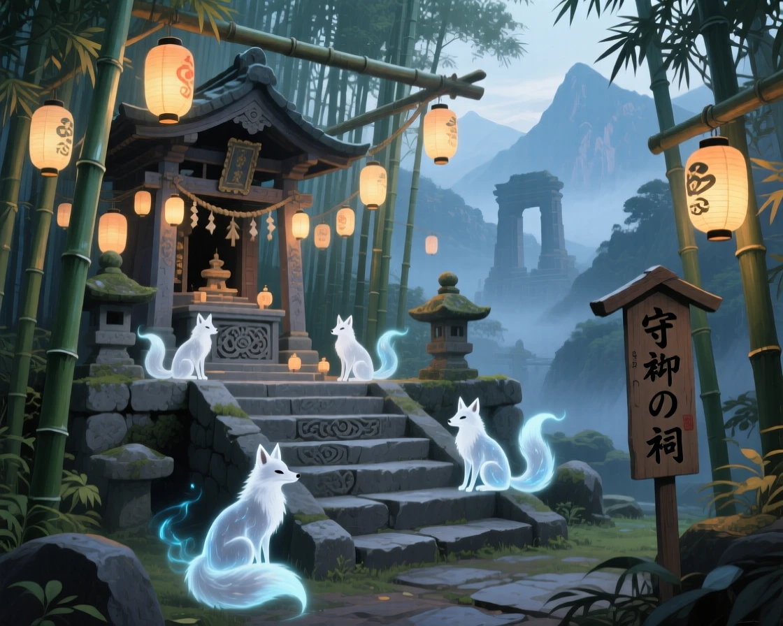 A mystical shrine hidden within a bamboo forest glows with lanterns as spectral fox spirits gather around its ancient stone steps, distant elements hinting at a much larger world extending beyond what is visible.