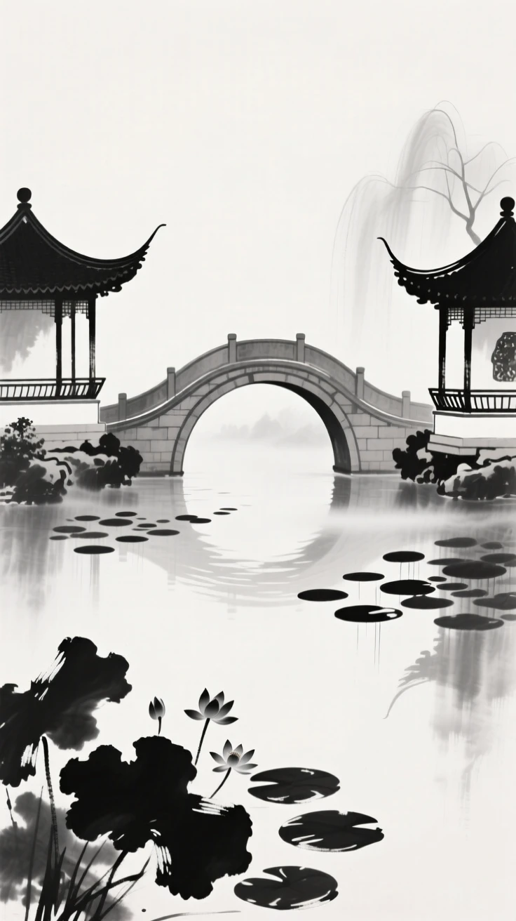 A curved bridge connects two garden pavilions across a lily pond, as mist rises softly from the water beneath it.