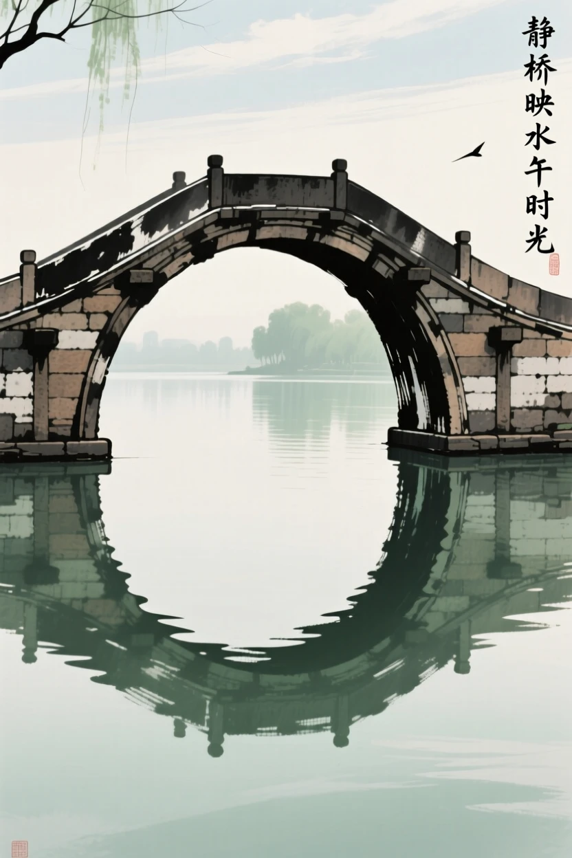 A graceful curved bridge reflected perfectly in still water, at midday.