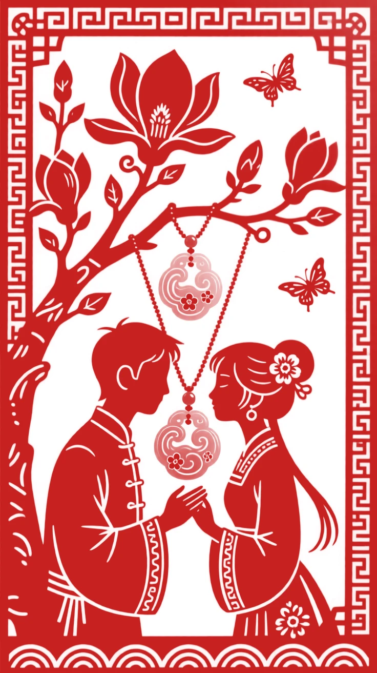 Two lovers exchanging carved jade pendants beneath a blossoming magnolia tree