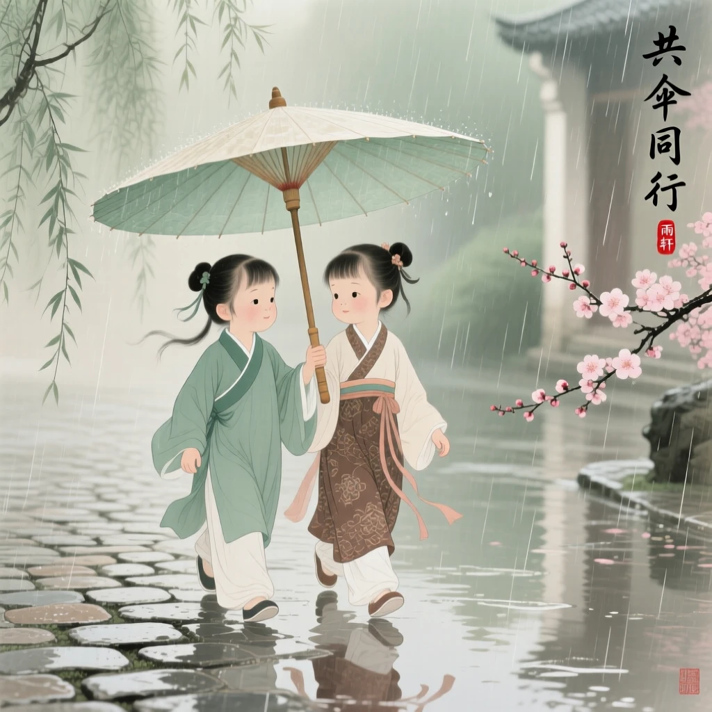Twins sharing a single umbrella while walking home in the rain, as soft rain begins to fall