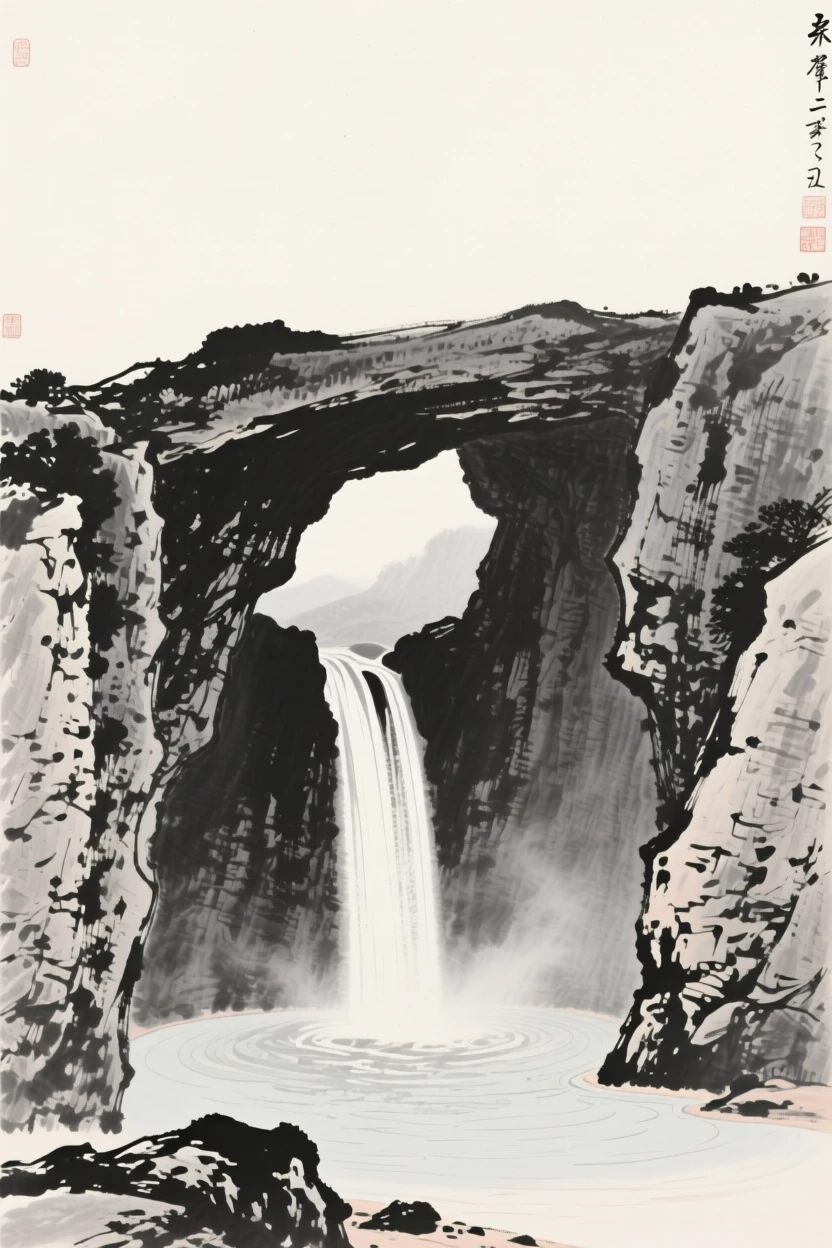 A cave mouth opening onto a hidden waterfall pool beneath towering rock walls softened by haze, composed with wide open space above to emphasize the scale of the sky, suggesting the quiet vastness of the natural world.