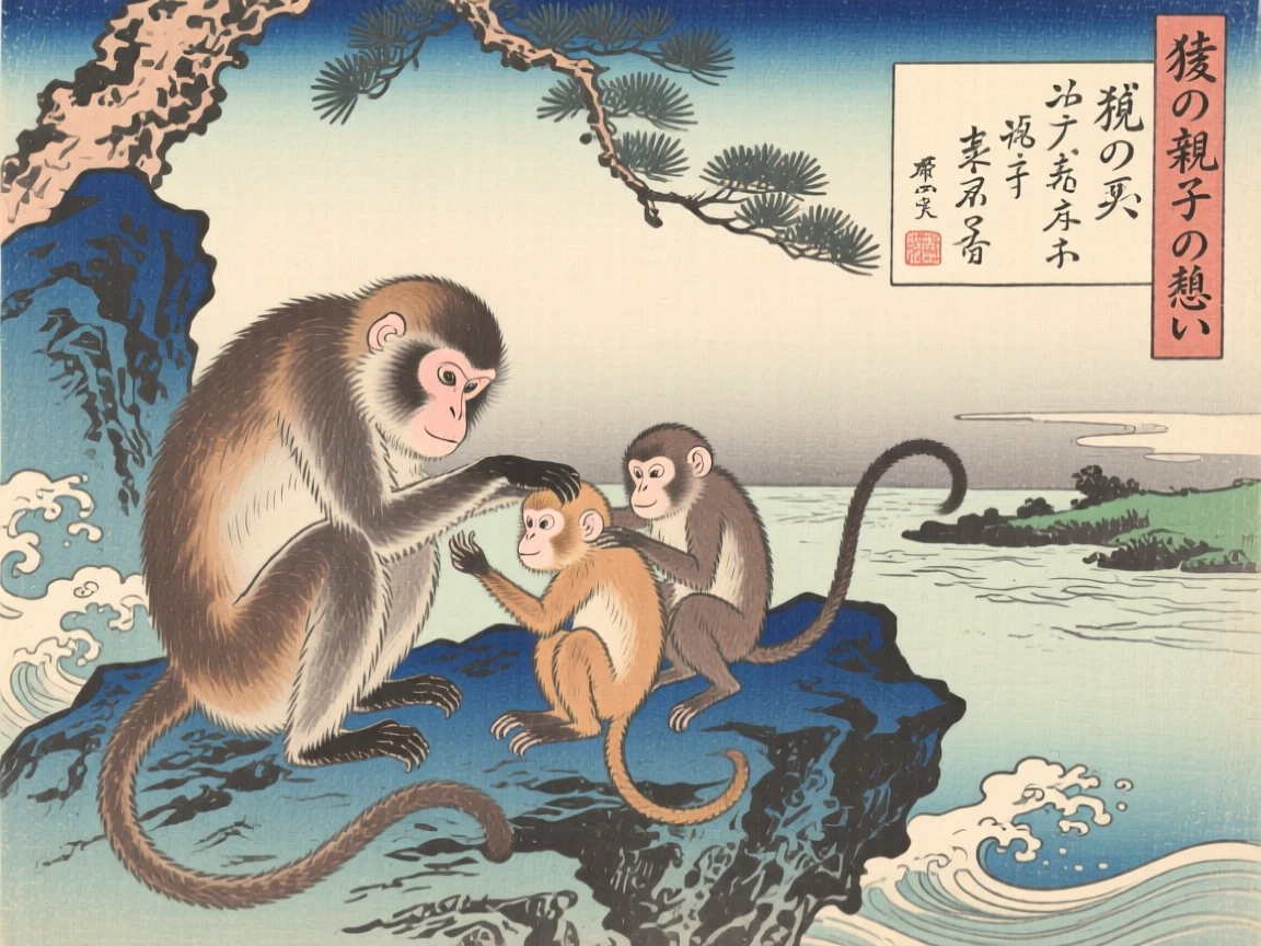 A monkey family grooming each other on a rocky outcrop.