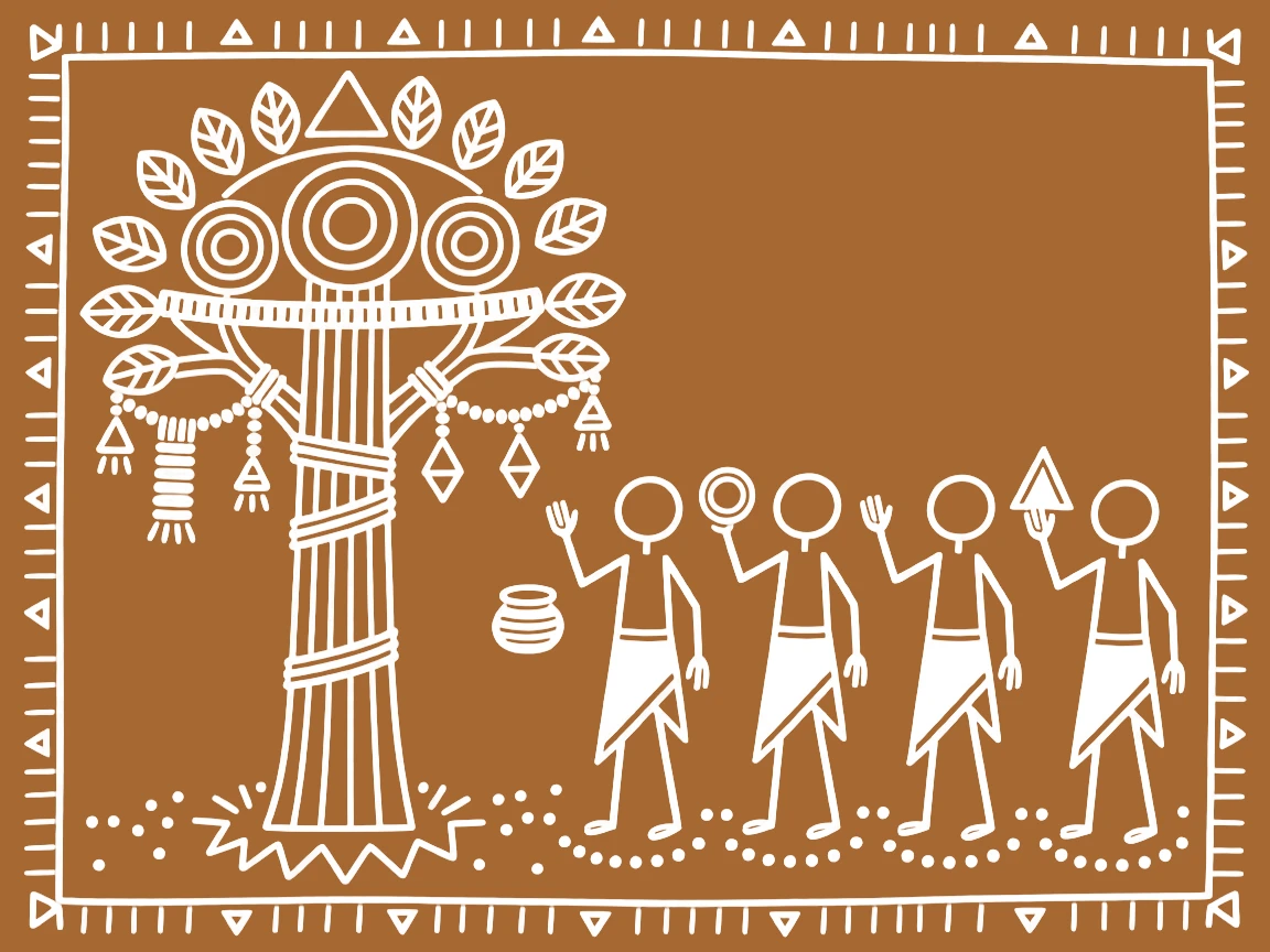 A group of pilgrims beside a sacred tree wrapped in offerings.