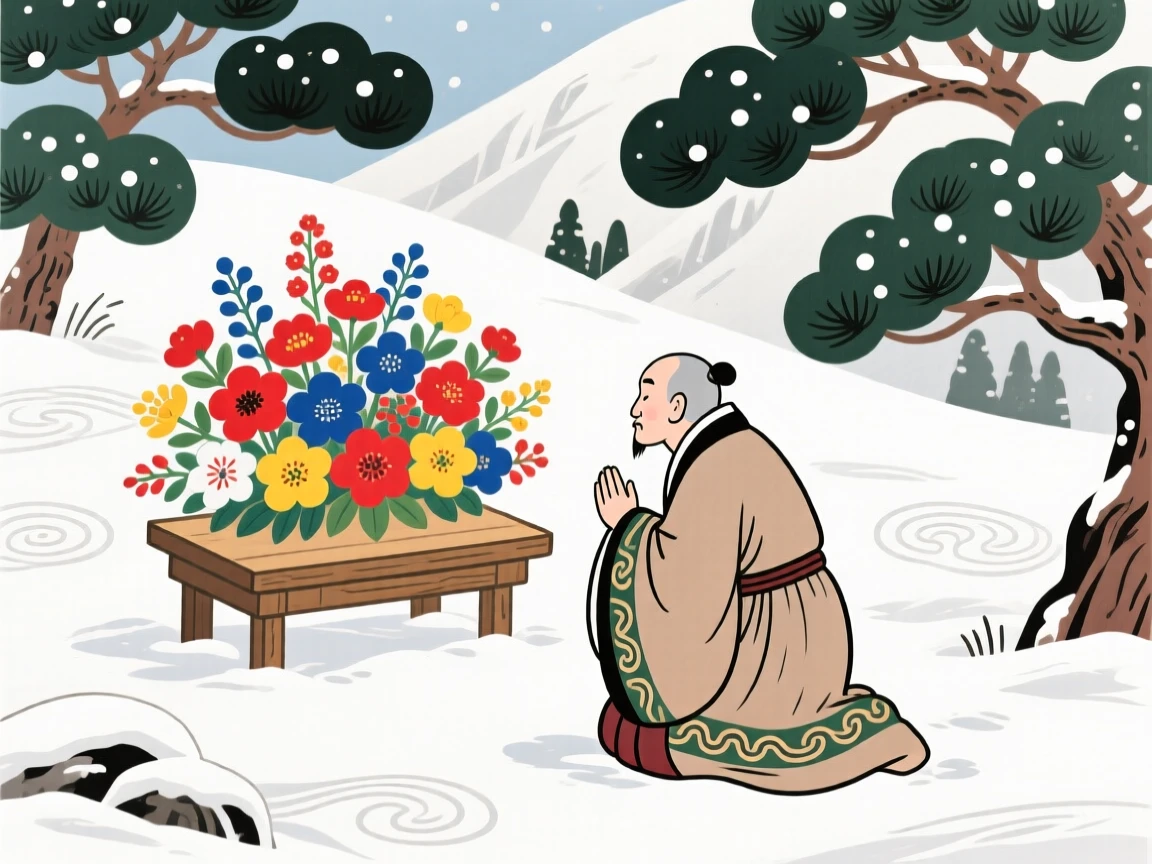 A mountain hermit kneeling before an altar covered in fresh flowers, under a blanket of fresh snow.