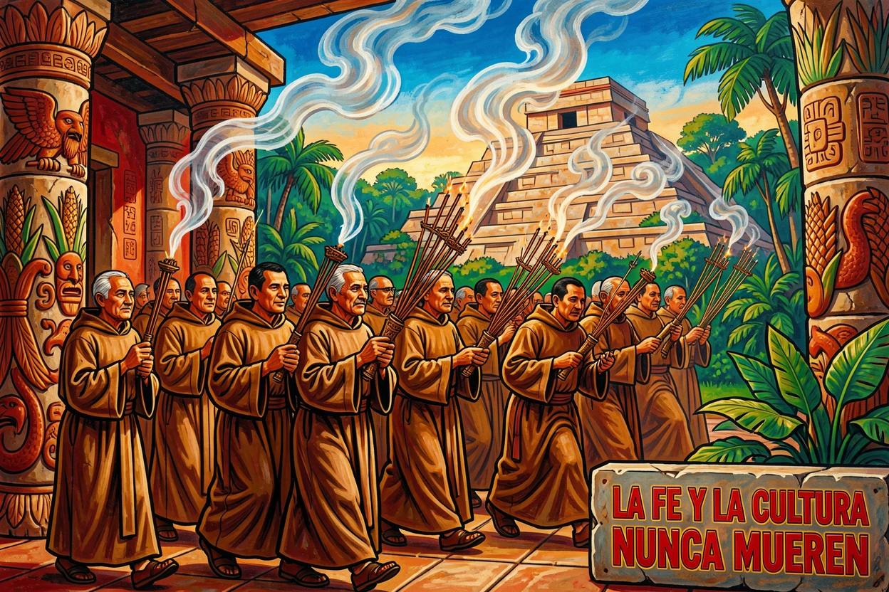 A procession of monks carrying incense through a temple courtyard