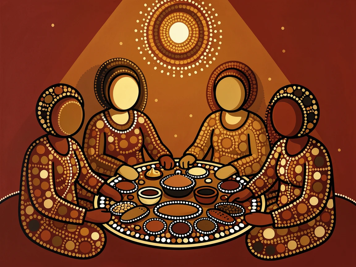 A family sharing a meal beneath lantern light