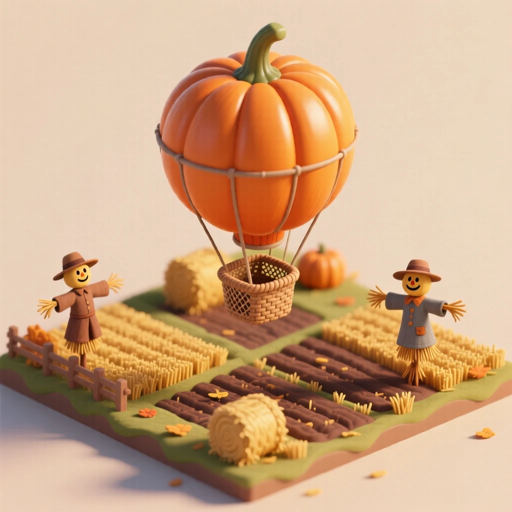 A hot air balloon shaped like a giant pumpkin drifting over an autumn farm, hay bales and scarecrows dotting the fields below.