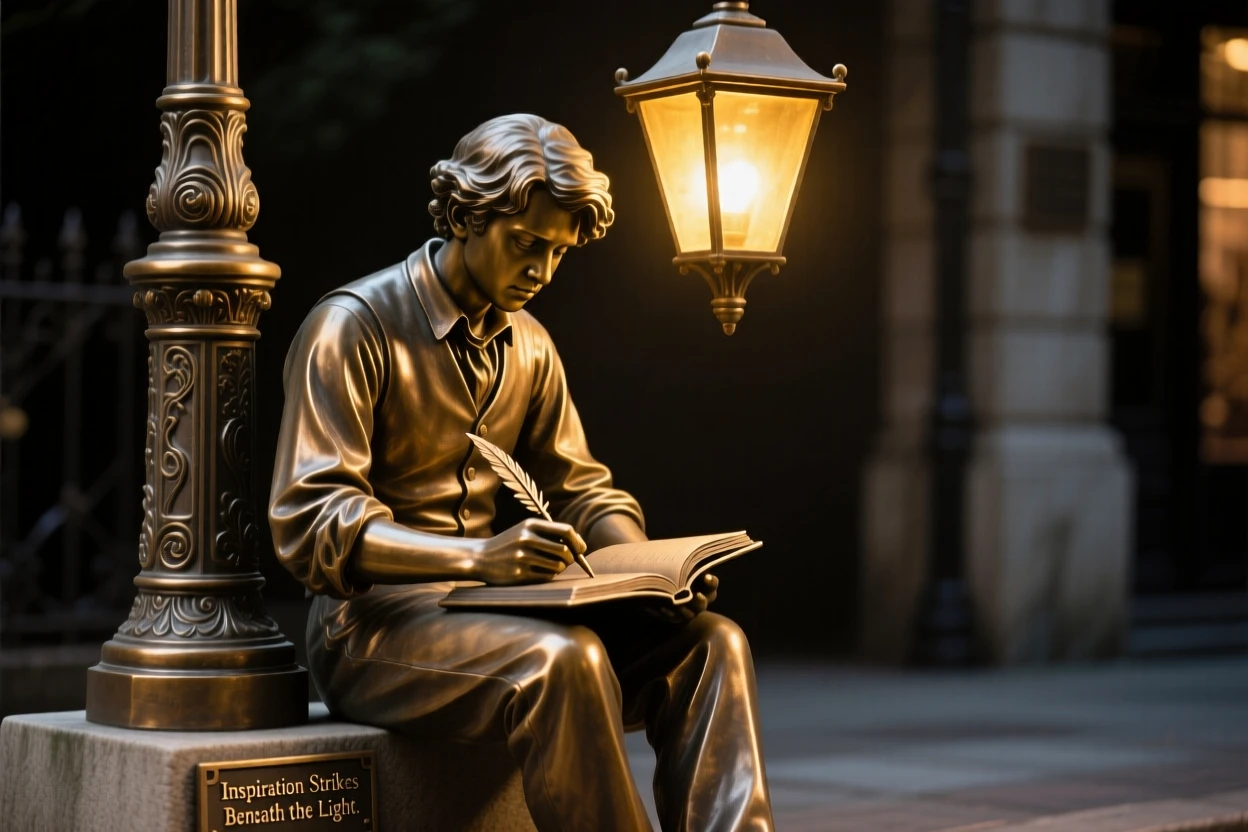 A young poet writing beneath a streetlamp, bathed in warm, golden light, forming a strong central focal point