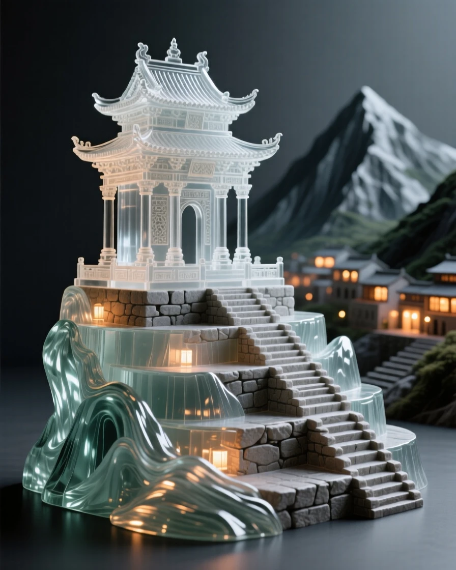 As lights begin to flicker on across the surrounding town, an ancient temple nestled among the terraces of a mountainside