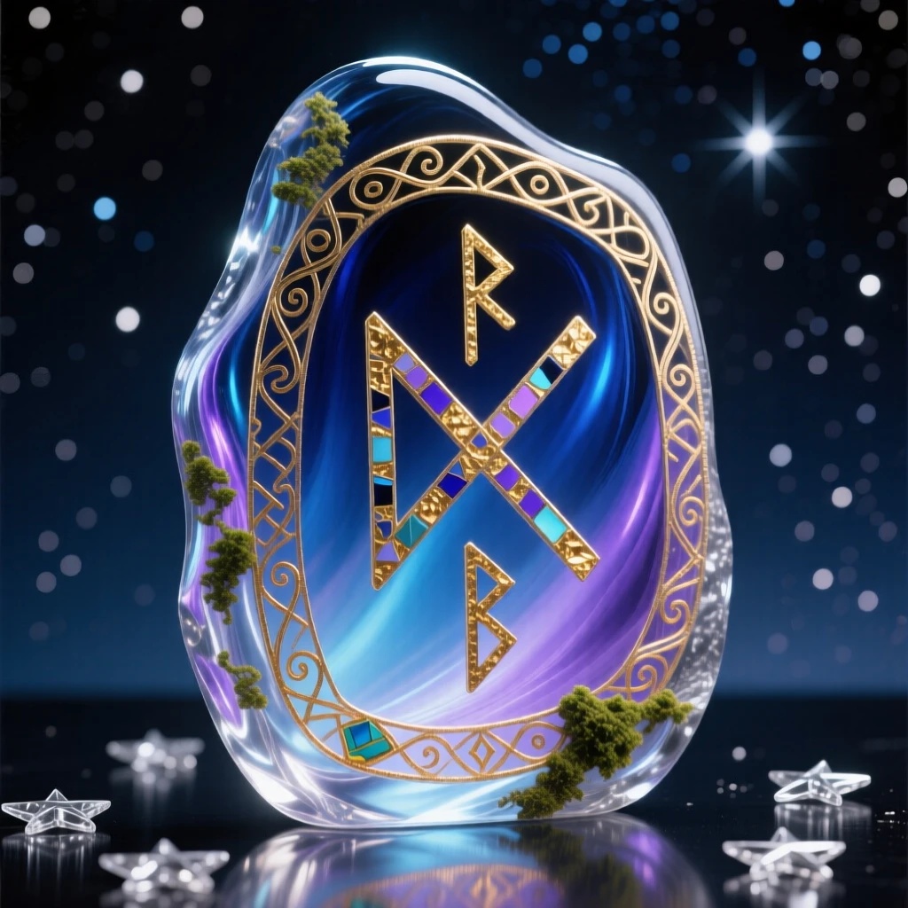 A Norse rune stone glowing faintly under a starlit sky, mysterious and ancient.