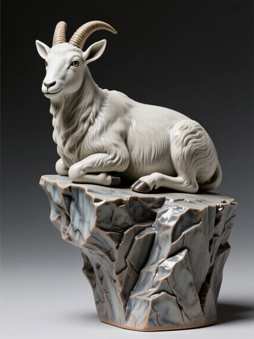 A mountain goat balanced on a cliff edge resting with paws tucked beneath its body, its ears tilted forward in attention, conveying calm strength and quiet pride.