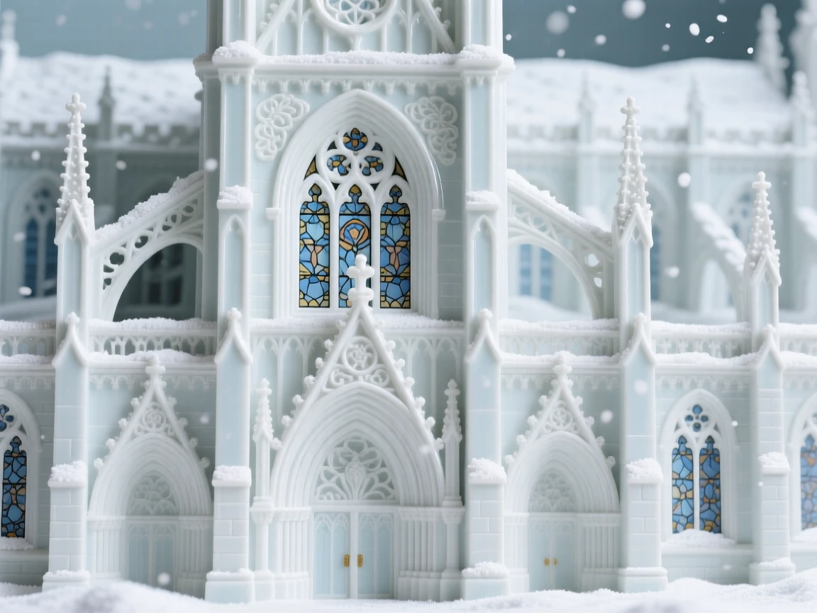 A grand view of a grand cathedral facade, dusted lightly with snow.