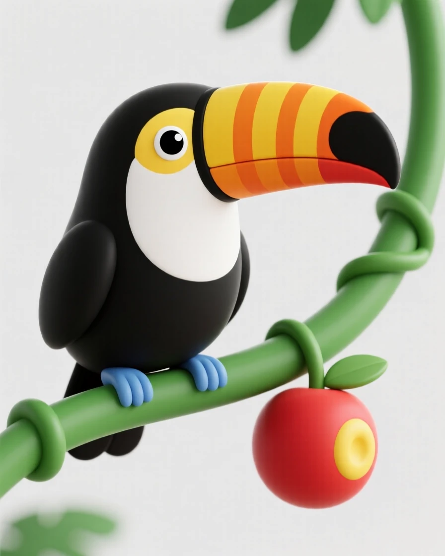 A colorful toucan perches on a jungle vine, its enormous striped beak reaching for a ripe piece of fruit.