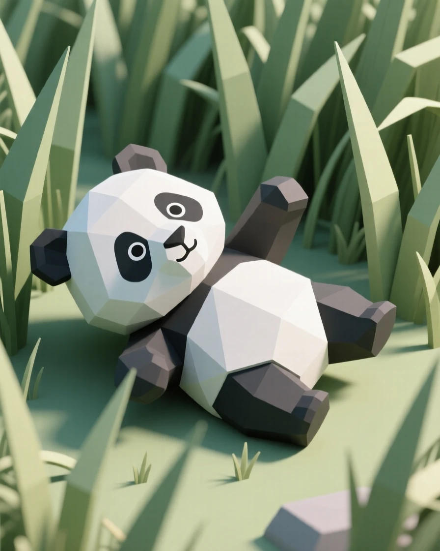 A giant panda cub tumbling in the grass, amid tall swaying grass. the framing draws the eye directly to its gaze. There is a sense of quiet wonder.