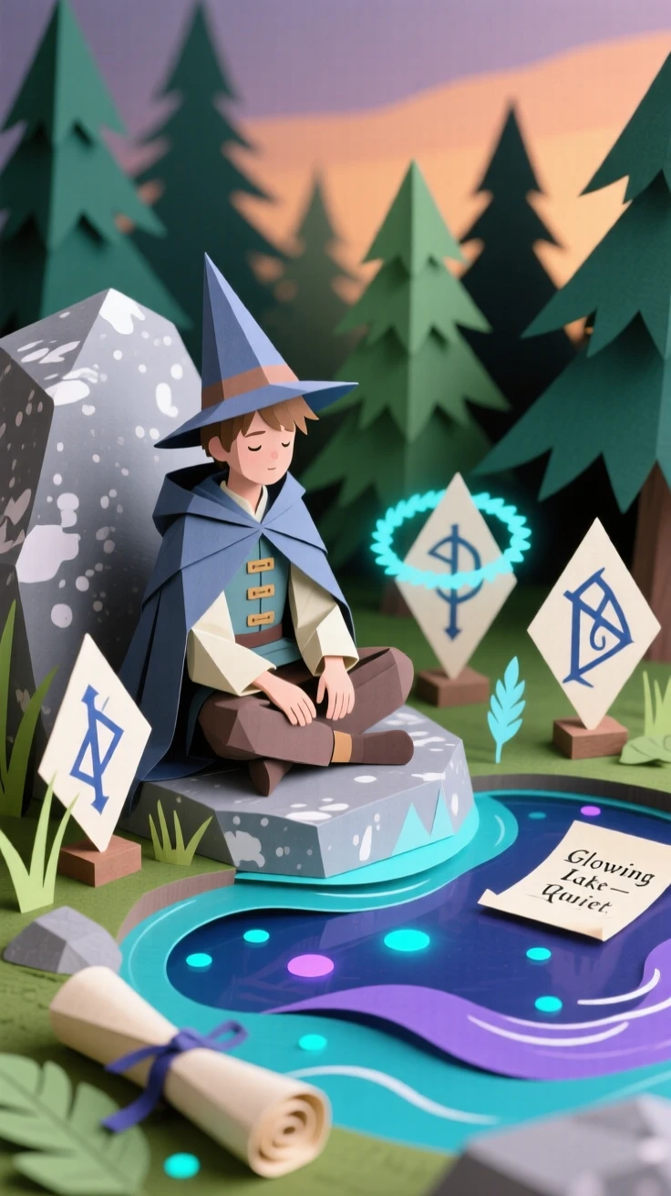 A young apprentice mage resting beside a glowing mystical lake, with ancient runes glowing faintly nearby, evoking a sense of legend and myth.